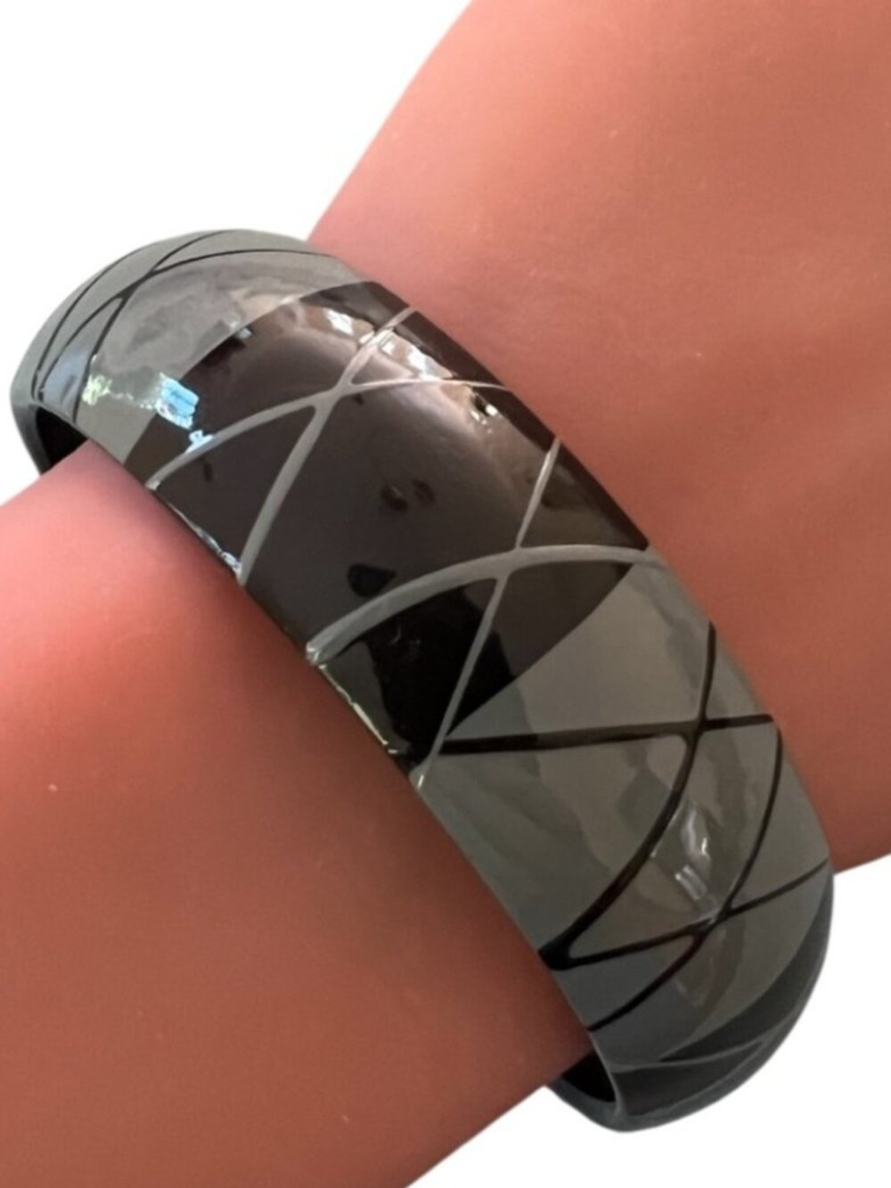 Vintage Geometric Bangle, Black and Gray Painted Bracelet, 0.75" Wide